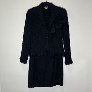 Rickie Freeman Teri Jon Suit Women’s 10 6 Black Linen Texture Rosette Ruffle Y2K